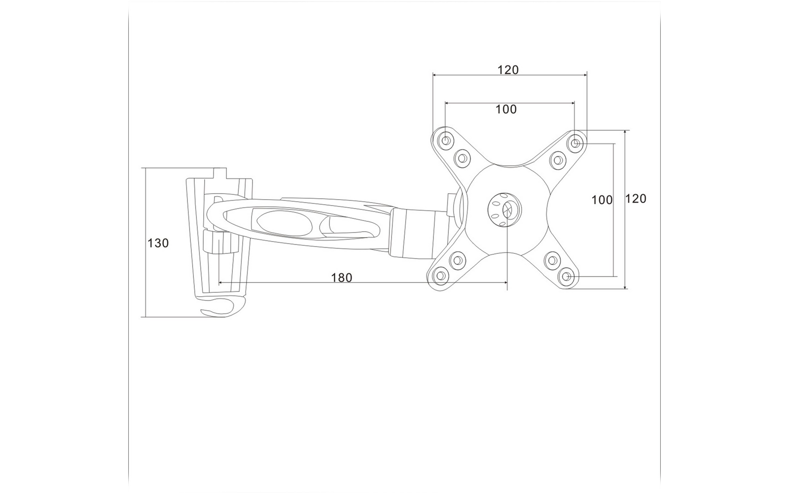 Technische Strichzeichnung eines Monitorarms mit Wandhalterung, schwenkbarem Arm und quadratischer Platte mit vier Befestigungsbohrungen; eingezeichnete Maße 180, 130, 120 und 100