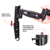 Hand hält schwarzen verstellbaren Wandarm mit Wandplatte und Haken auf weißem Hintergrund; sichtbare Beschriftungen 'Quick wall plate release' und 'Strengthening nylon keeps the parts firmly in place' sowie kreisförmiges Detailbild des Gelenks