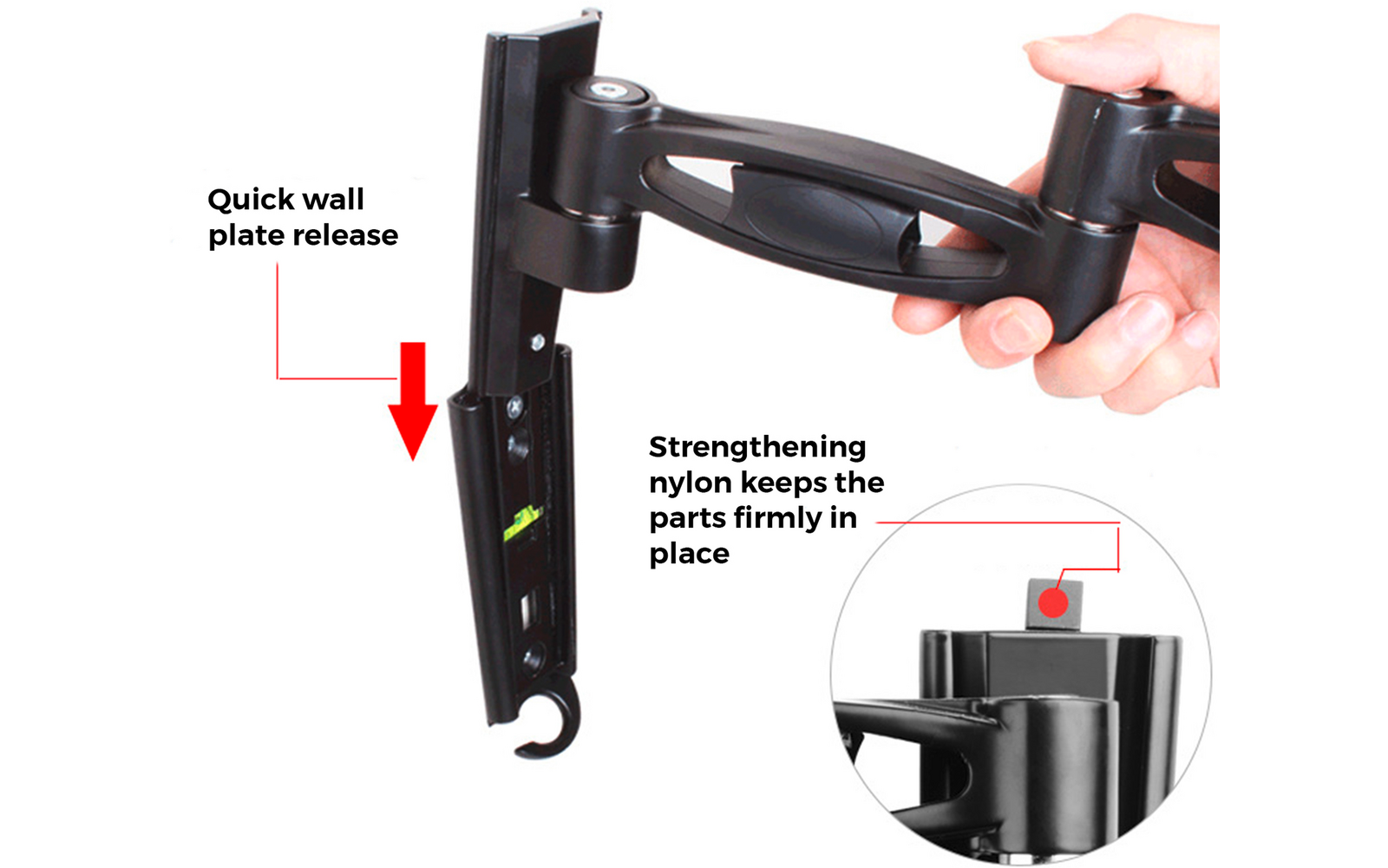 Hand hält schwarzen verstellbaren Wandarm mit Wandplatte und Haken auf weißem Hintergrund; sichtbare Beschriftungen 'Quick wall plate release' und 'Strengthening nylon keeps the parts firmly in place' sowie kreisförmiges Detailbild des Gelenks
