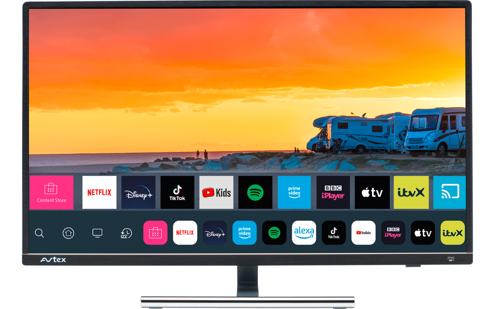Flacher Fernseher mit bunter Benutzeroberfläche und verschiedenen Streaming-Apps