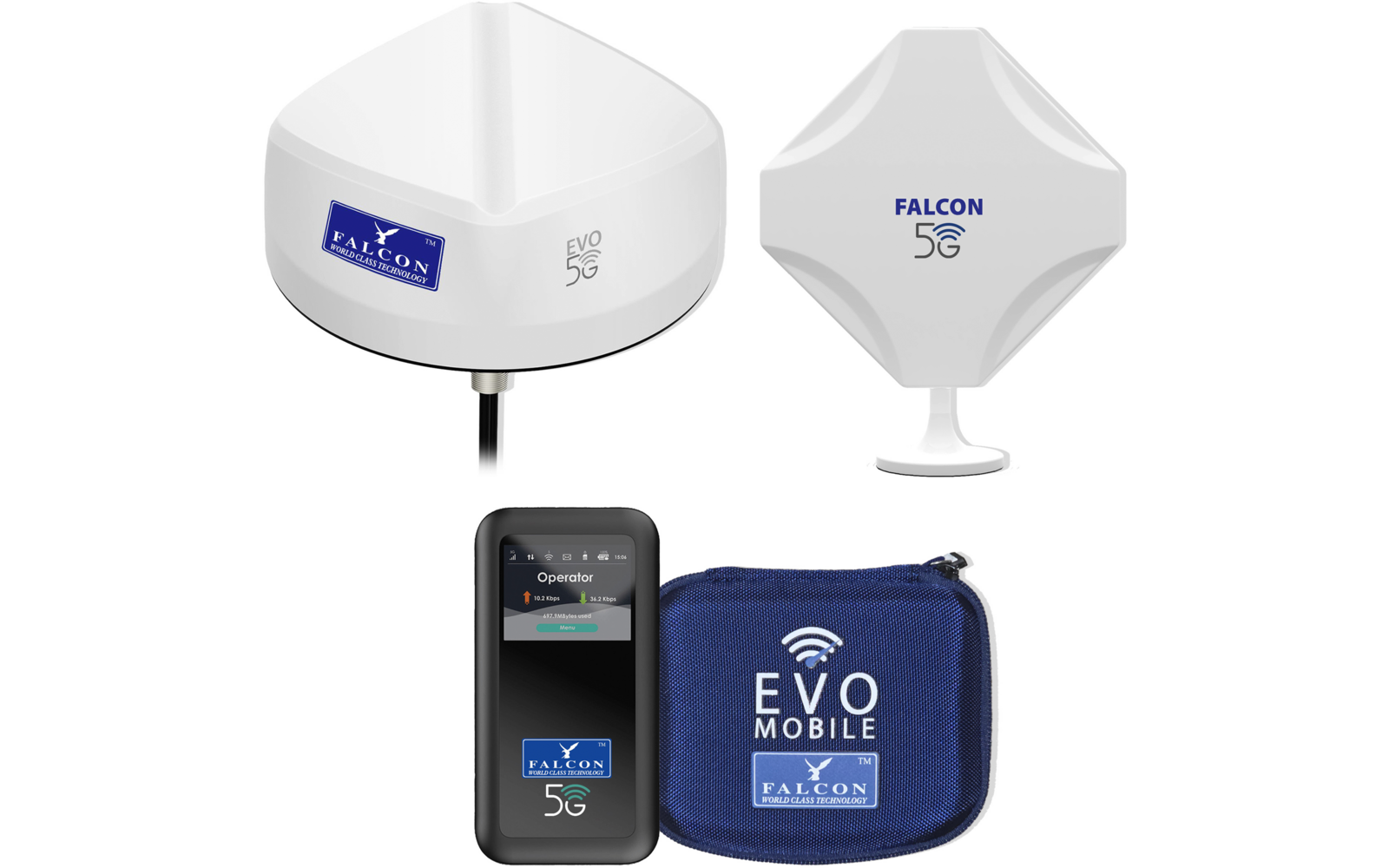 Zwei weiße Gehäuse mit FALCON 5G-Logos (eins mit Kabel), ein schwarzes mobiles Gerät mit Display und 5G-Schriftzug sowie ein blaues Etui mit EVO MOBILE- und FALCON-Logos