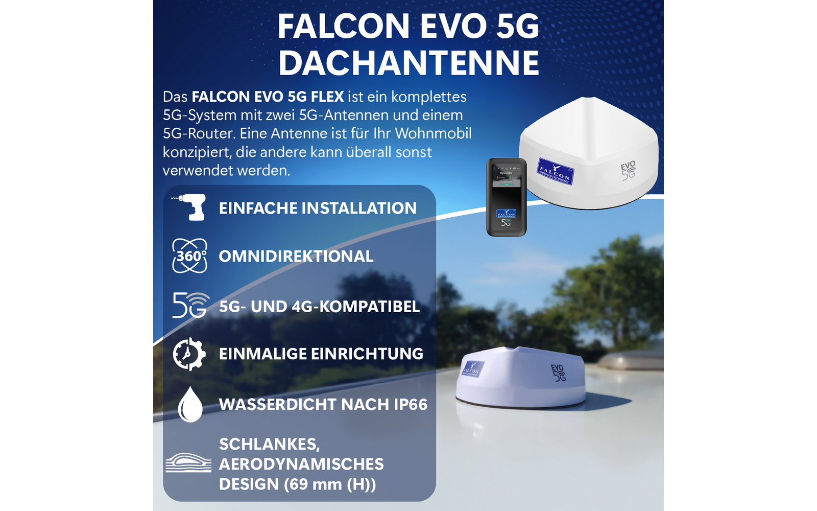 Weißes Dome‑Dachantennen‑Modell auf einem Fahrzeugdach, zweites Antennenmodell daneben, kleines Smartphone mit 5G‑Anzeige, großer Titel FALCON EVO 5G DACHANTENNE, Textblock und Icons auf blauem Hintergrund mit Himmel und Bäumen