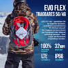 Person von hinten in Camouflage-Winterjacke und Helm, offener roter Rucksack mit grauem Gerät; rechter Bildrand mit weißem Produkttext "EVO FLEX" und technischen Angaben; verschneite Berglandschaft im Hintergrund