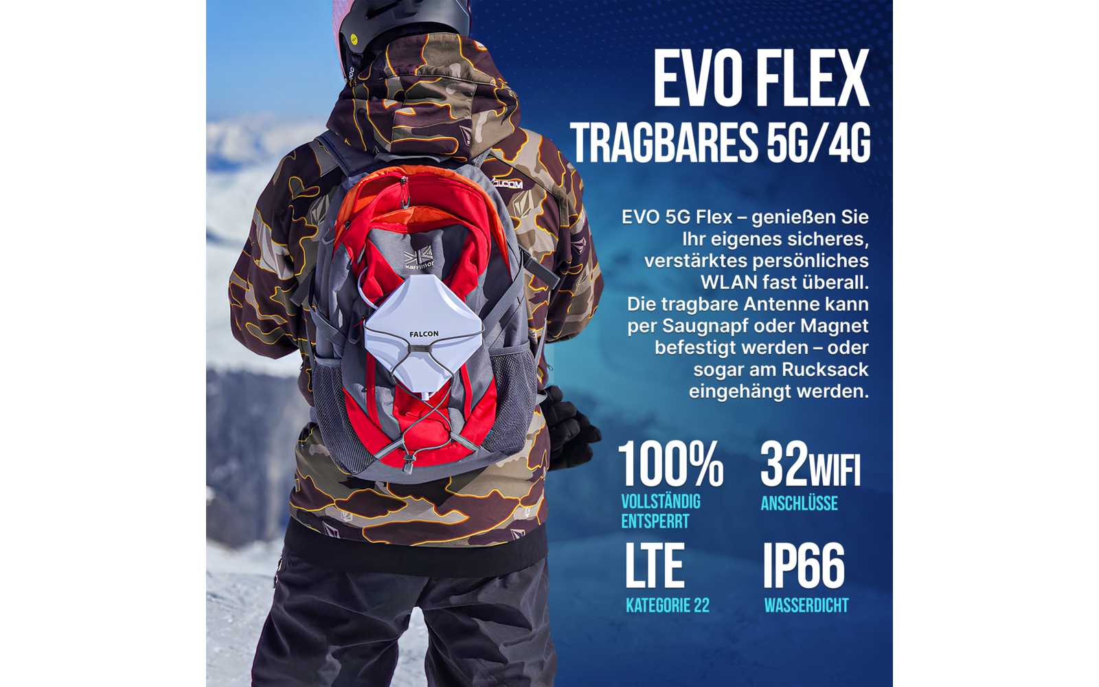 Person von hinten in Camouflage-Winterjacke und Helm, offener roter Rucksack mit grauem Gerät; rechter Bildrand mit weißem Produkttext "EVO FLEX" und technischen Angaben; verschneite Berglandschaft im Hintergrund