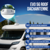 Weißes Wohnmobil mit weißer Dachantenne; im Kreis eine Nahaufnahme der Antenne; blauer Hintergrund mit der Überschrift 'EVO 5G ROOF DACHANTENNE' und fünf blaue Textfelder mit Icons und deutschem Text