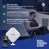 Person mit Sonnenbrille sitzt in einem Klappstuhl mit Laptop auf dem Schoß; links im Vordergrund ein weißes sechseckiges Gerät auf Ständer mit Aufschrift "FALCON" und ein schwarzes rechteckiges Gerät mit Display; deutscher Aufzählungstext und weißer 