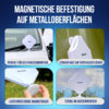 Vier Bildtafeln vor blauem, punktiertem Hintergrund, jede zeigt ein weißes sechseckiges Gerät mit Aufschrift "FALCON": an einer Autowindschutzscheibe, an einer vertikalen Metallfläche, von einer Hand gehalten mit sichtbarer runder Basis und im Freien