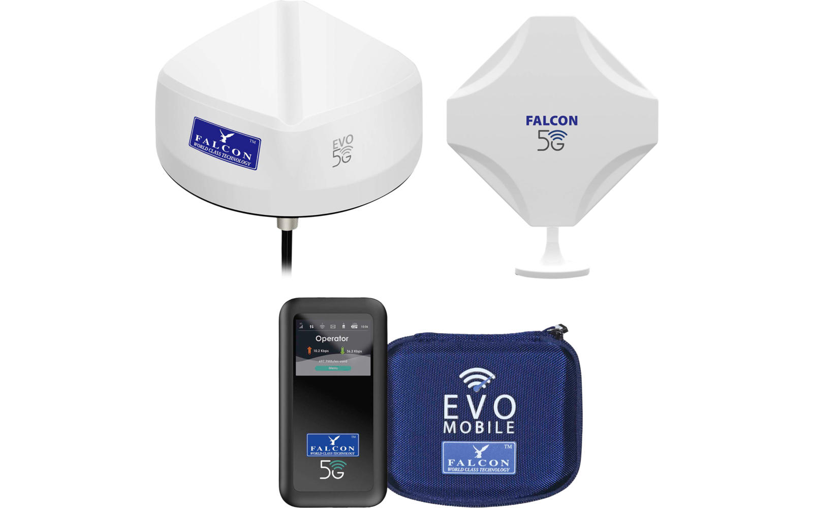 Twee witte behuizingen met FALCON 5G-logo's (één met kabel), een zwart mobiel apparaat met scherm en 5G-aanduiding, en een blauwe pouch met EVO MOBILE- en FALCON-logo's
