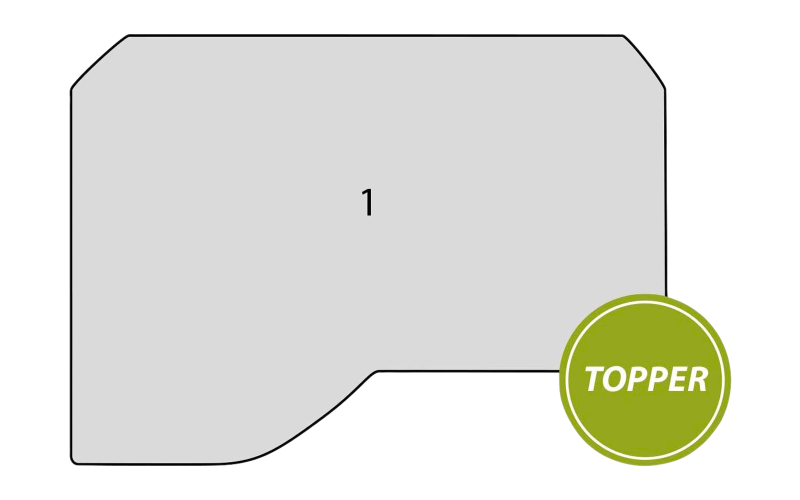 Hellgraue polygonale Form mit schwarzem Rand und der Zahl "1" in der Mitte; rechts unten überlappt ein grüner Kreis mit weißer Aufschrift "TOPPER"