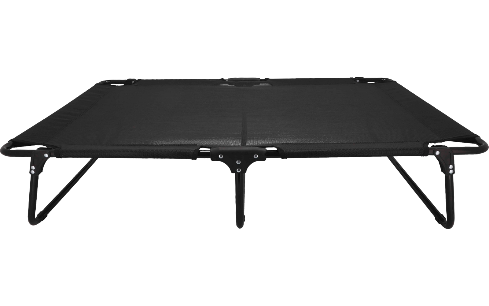 Opgeklapt opvouwbaar veldbed met zwarte stof op een zwart metalen frame en uitgeklapte poten