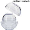 Trois contenants en plastique transparents en demi-sphère, un au-dessus détaché; texte en haut 'nestbar | nestable'