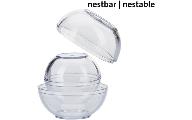 Trois contenants en plastique transparents en demi-sphère, un au-dessus détaché; texte en haut 'nestbar | nestable'