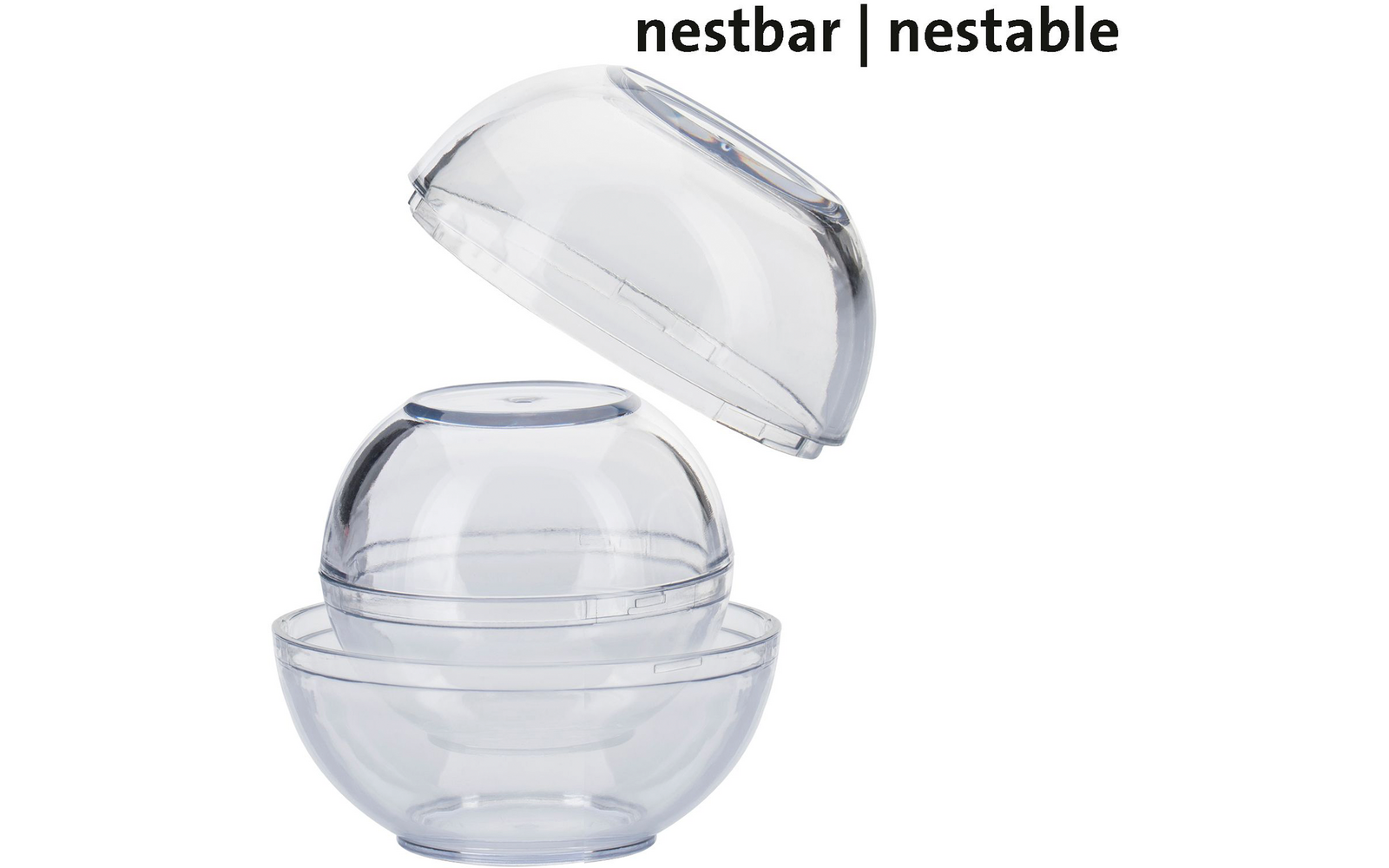 Trois contenants en plastique transparents en demi-sphère, un au-dessus détaché; texte en haut 'nestbar | nestable'