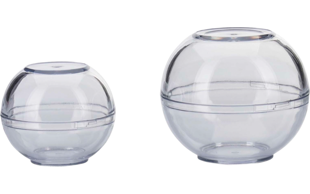Deux récipients sphériques transparents à ouverture supérieure, plus petit à gauche et plus grand à droite, sur fond blanc