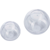 Deux sphères creuses en plastique transparent de tailles différentes avec ligne de joint visible, sur fond blanc