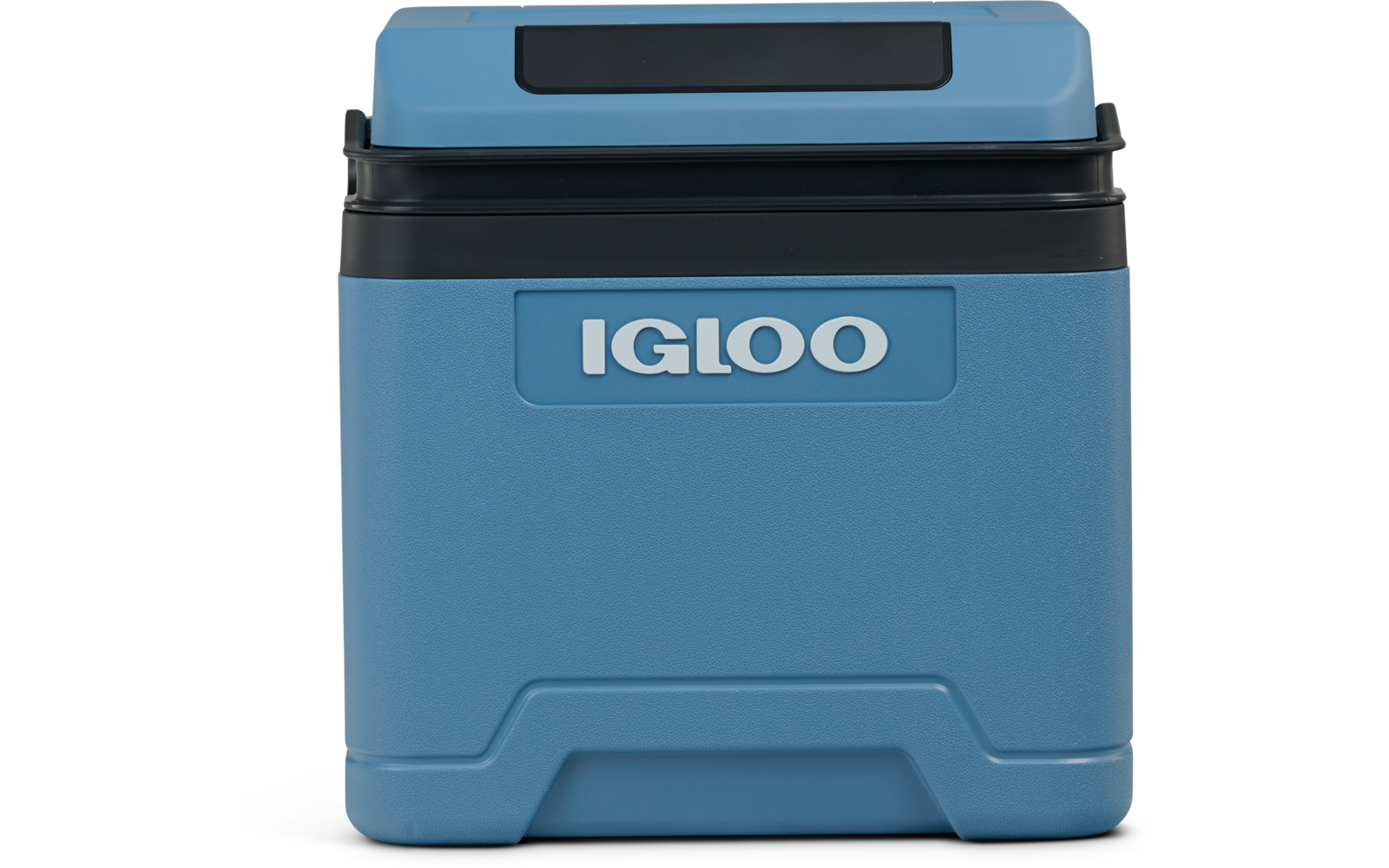 Blaue Kühlbox mit schwarzem Deckel und Schriftzug 'IGLOO' auf der Vorderseite