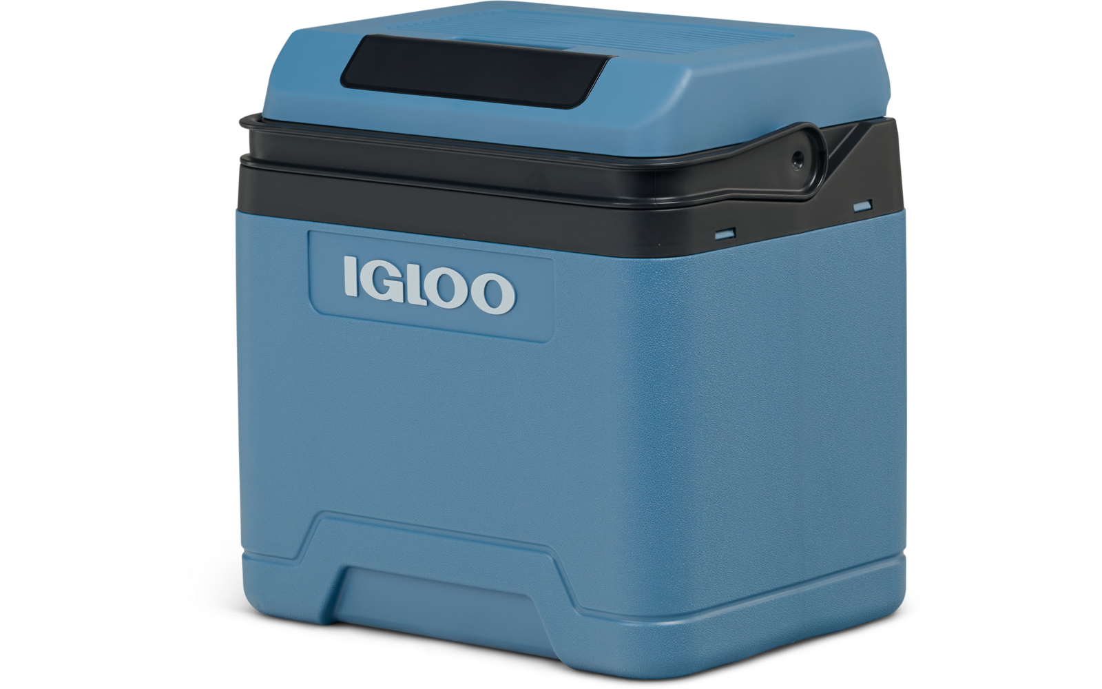 Blaue, rechteckige tragbare Kunststoff-Kühlbox mit schwarzem Deckel, seitlichem Griff und weißem "IGLOO"-Logo vorne
