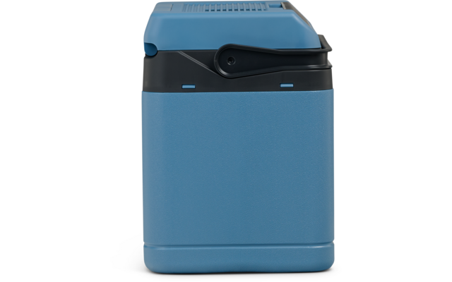 Blaues rechteckiges Behältnis mit schwarzem Deckel und klappbarem Tragegriff