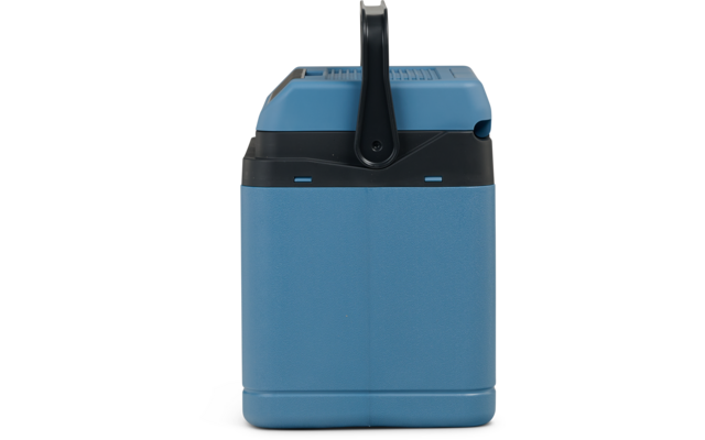 Blaues rechteckiges Behältnis mit schwarzem oberen Rand, aufrechter schwarzer Tragegriff und Lüftungsöffnungen oben