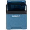 Blaue Kühlbox mit geöffnetem Deckel und 'IGLOO'-Schriftzug auf der Vorderseite