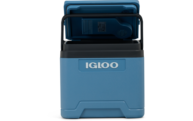Blaue Kühlbox mit geöffnetem Deckel und 'IGLOO'-Schriftzug auf der Vorderseite