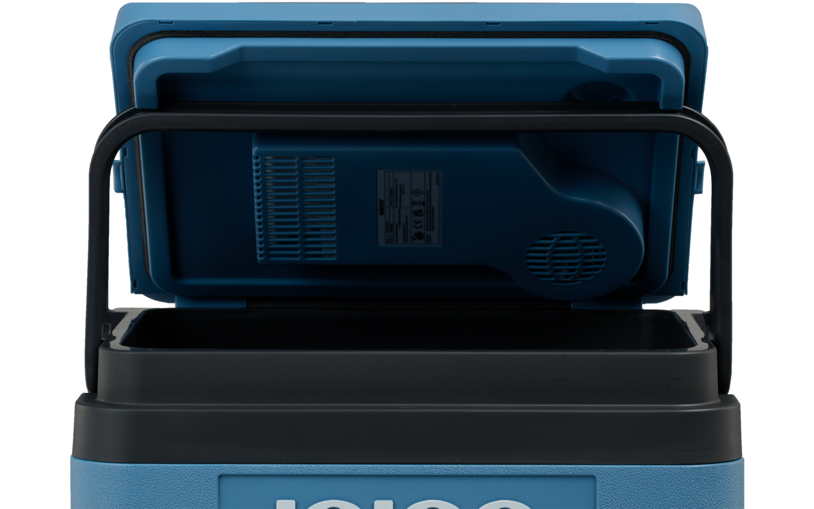 Blauer Kunststoffbehälter mit geöffnetem Deckel, schwarzer Bügelgriff, Innenseite des Deckels mit Lüftungsgitter und Etikett