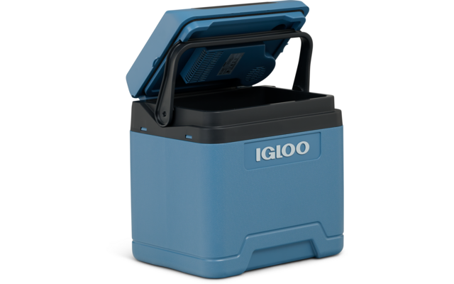Blaue Igloo-Kühlbox mit offenem Deckel und schwarzem Tragegriff