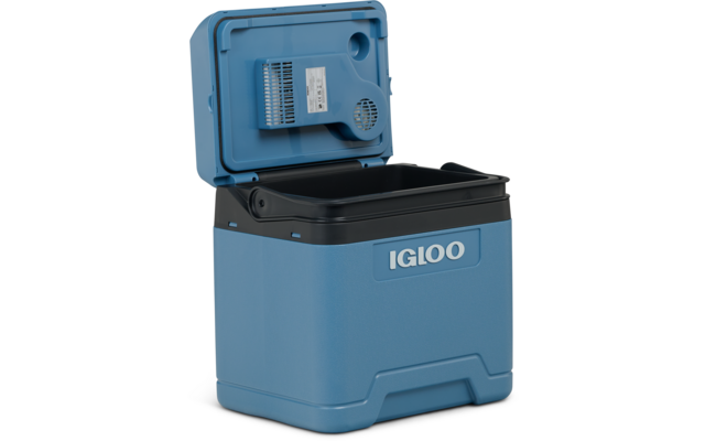 Blaue Kunststoff-Kühlbox mit offenem Deckel, schwarzem Innenraum, Aufschrift "IGLOO" auf der Vorderseite, Belüftungsöffnung und Etikett innen am Deckel