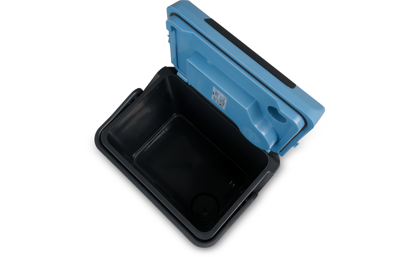 Geöffneter rechteckiger Kunststoffbehälter mit blauem Deckel und schwarzem Innenraum, Aufkleber im Deckel sichtbar