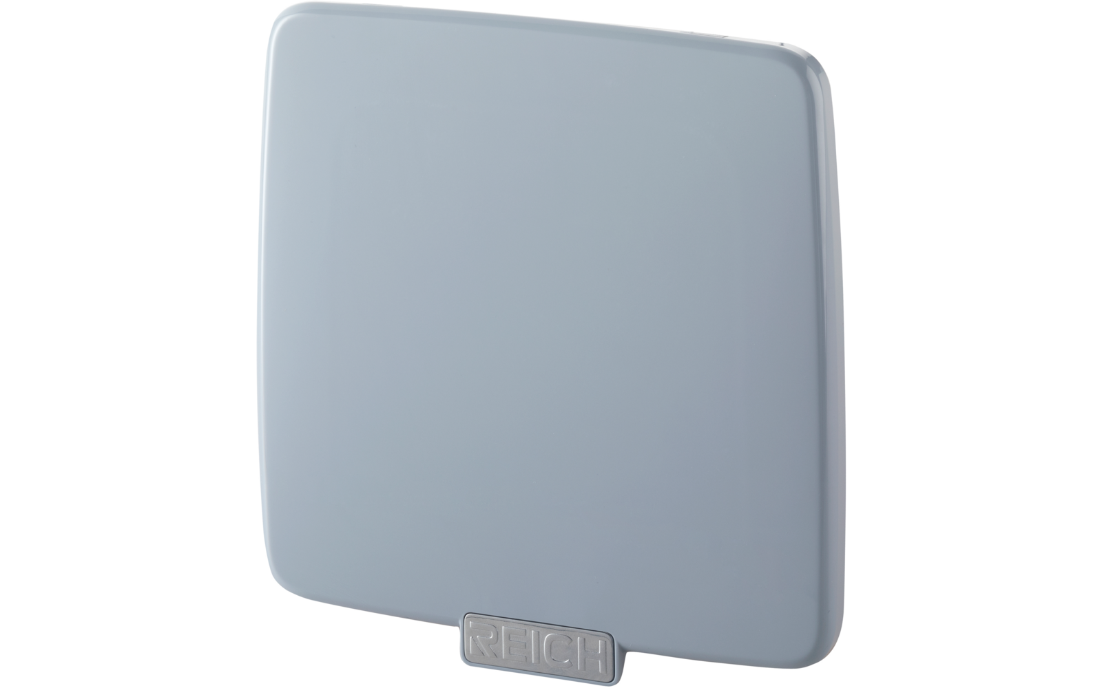 Abgerundetes quadratisches hellgraues Panel mit kleiner rechteckiger Lasche unten, auf der ‚REICH‘ steht