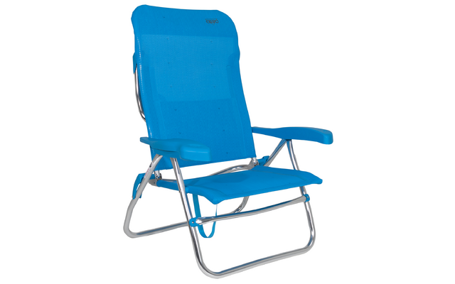 Blue folding chair made of metal and fabric on white background