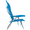 Blue folding chair made of metal and fabric on white background
