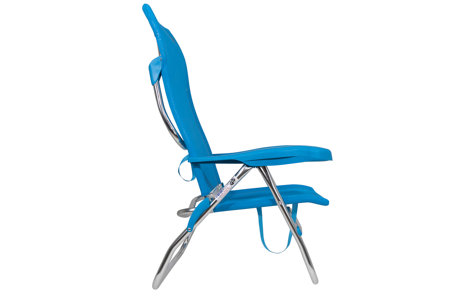 Blue folding chair made of metal and fabric on white background