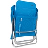 Folded blue camping chair with silver metal frame