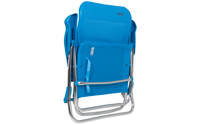 Folded blue camping chair with silver metal frame