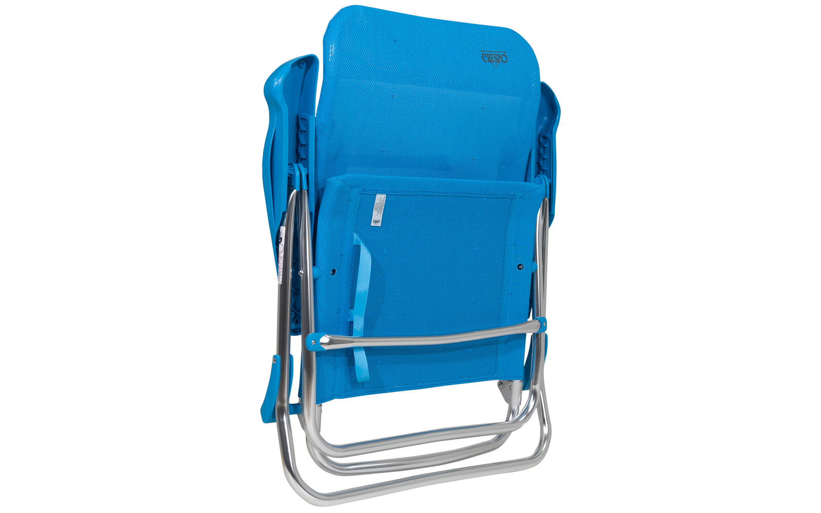 Folded blue camping chair with silver metal frame