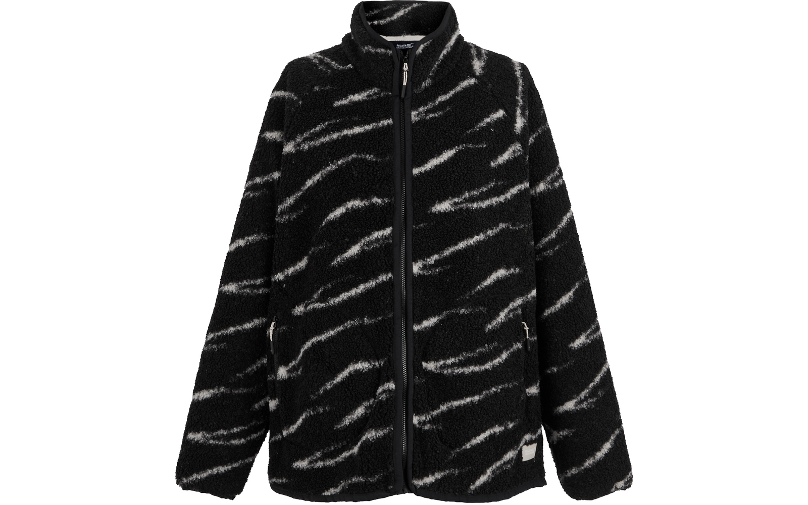 Schwarze Fleecejacke mit weißem Streifenmuster und Reißverschluss