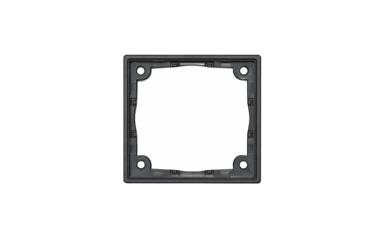 Vierkante donkergrijze kunststoflijst met vier ronde openingen in de hoeken en een witte lege binnenkant