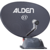 Graue Satellitenschüssel mit weißer Aufschrift "ALDEN" und '@'-Symbol, LNB-Arm und grauer Sockel