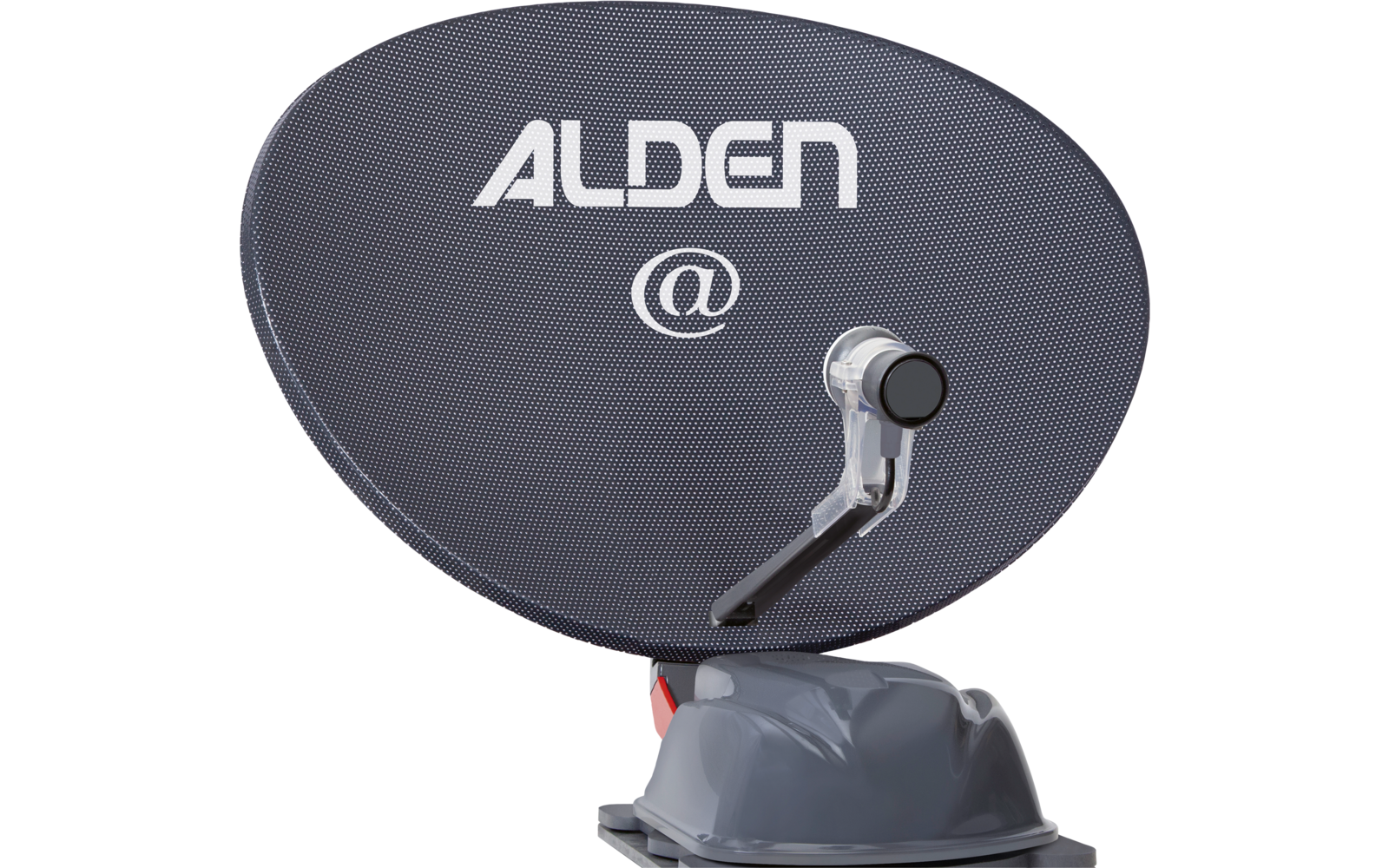 Graue Satellitenschüssel mit weißer Aufschrift "ALDEN" und '@'-Symbol, LNB-Arm und grauer Sockel