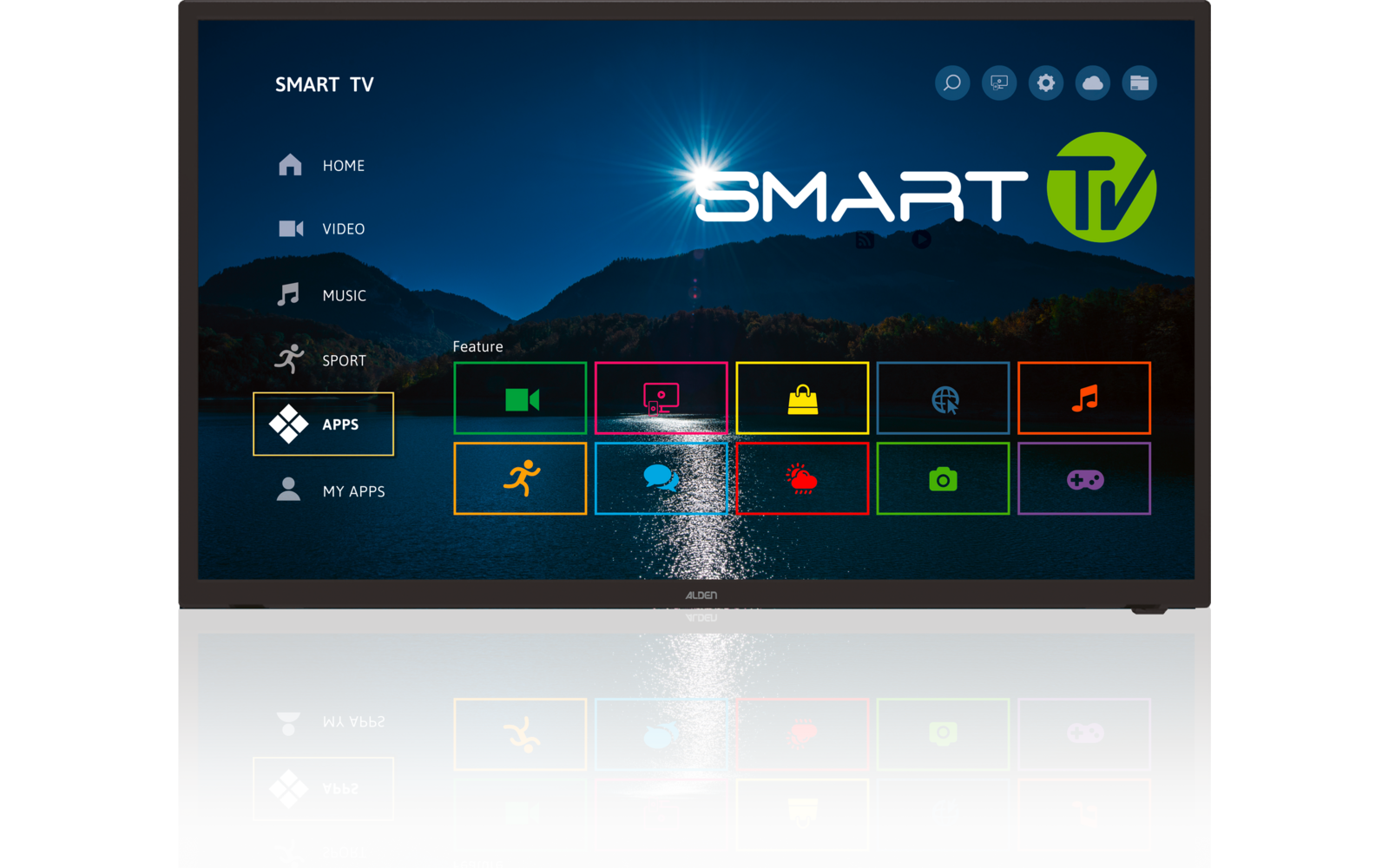 Fernseherbild mit Schriftzug 'SMART TV', linke Menüleiste mit Symbolen und Bezeichnungen (Home, Video, Music, Sport, Apps, My Apps), farbige App-Kacheln, See- und Bergsilhouette mit hellem Licht und Reflexion, gespiegeltes Bild unten