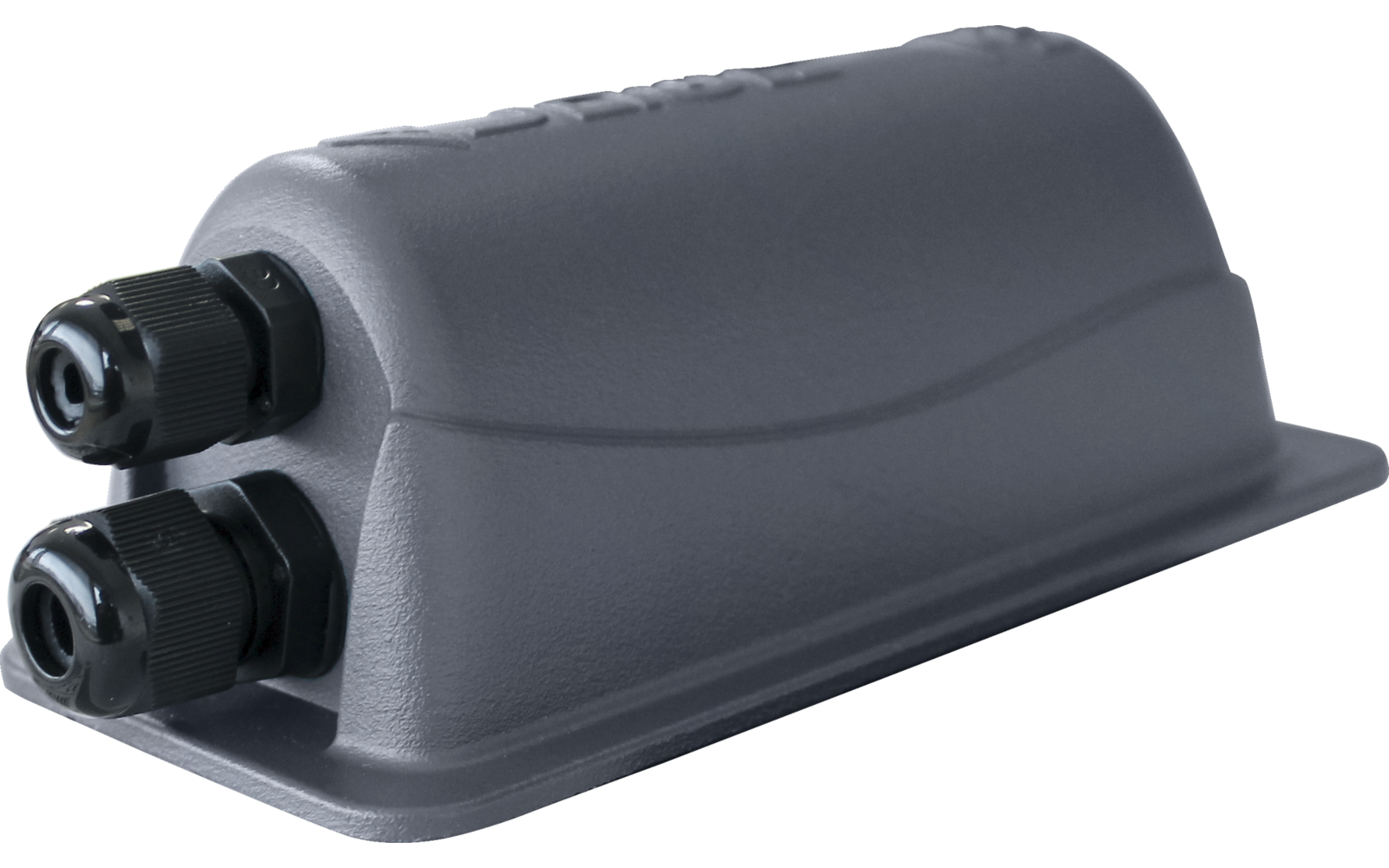 Graues, rechteckiges Objekt mit abgerundeter Oberseite; an einem schmalen Ende zwei schwarze, zylindrische Elemente nebeneinander; weißer Hintergrund