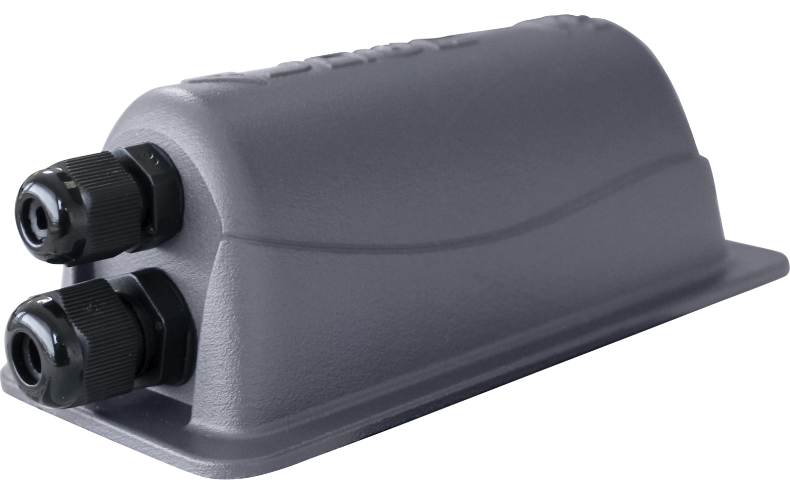 Objet rectangulaire gris à dessus arrondi ; à une extrémité étroite deux éléments cylindriques noirs côte à côte ; fond blanc