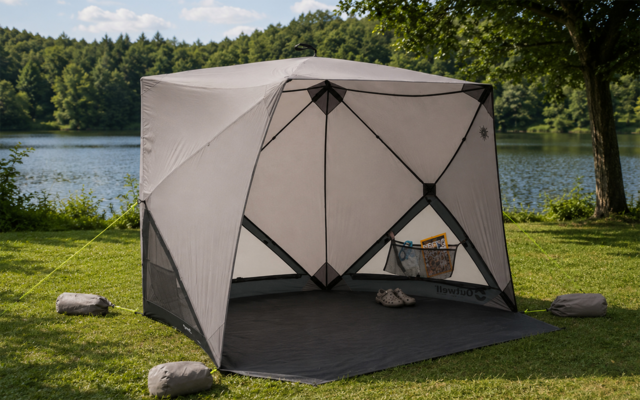 Open square gray pop-up canopy with black frame on grass by a lake, floor mat, a pair of shoes and a small box inside, trees in the background