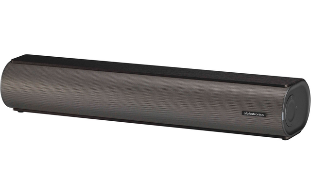 Schwarze längliche Soundbar mit Gitterfront und einem kleinen Logo rechts