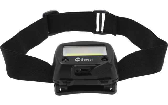 Zwarte hoofdband met een rechthoekig zwart apparaat aan de voorkant, klein rechthoekig scherm met lichtgeelgroene weergave, "Berger"-logo op de behuizing, verstelbare zwarte band met kunststof gesp