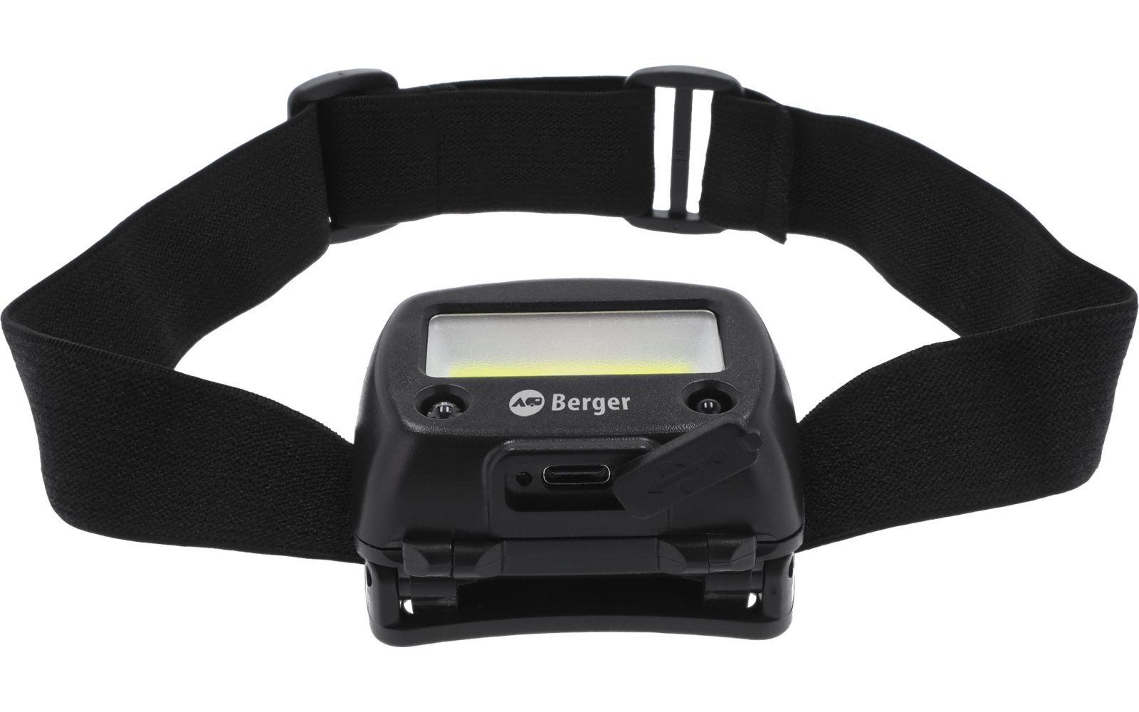 Zwarte hoofdband met een rechthoekig zwart apparaat aan de voorkant, klein rechthoekig scherm met lichtgeelgroene weergave, "Berger"-logo op de behuizing, verstelbare zwarte band met kunststof gesp