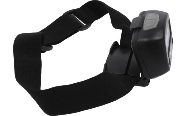 Zwarte hoofdlamp met elastische band, zwarte behuizing en rode knop