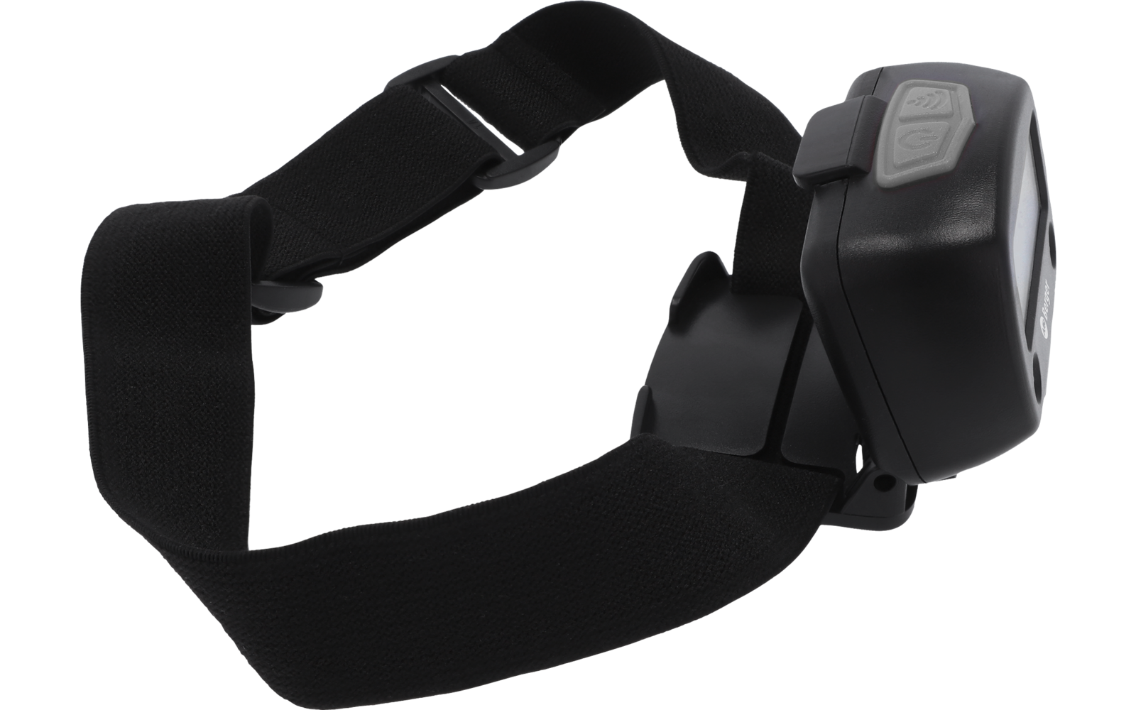 Zwarte hoofdlamp met elastische band, zwarte behuizing en rode knop