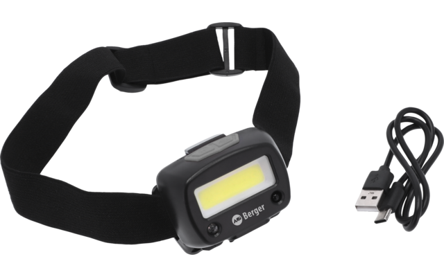 Zwarte hoofdlamp met geel LED-paneel, verstelbare elastische hoofdband en zwarte USB-kabel